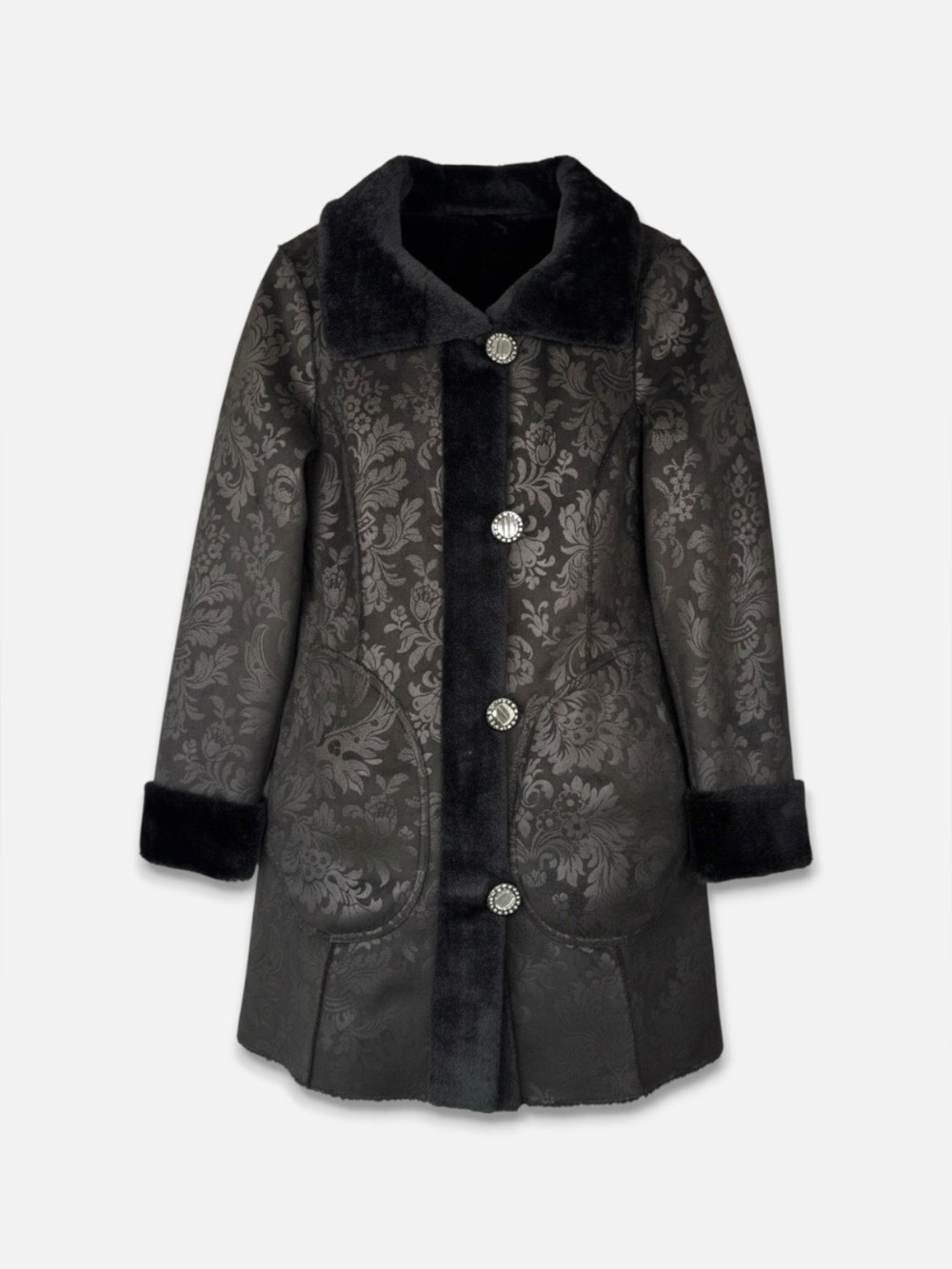 ADELAQUEEN Metallic Jacquard Coat XS Black Reversible Brocade Faux Fur Trim NWOT